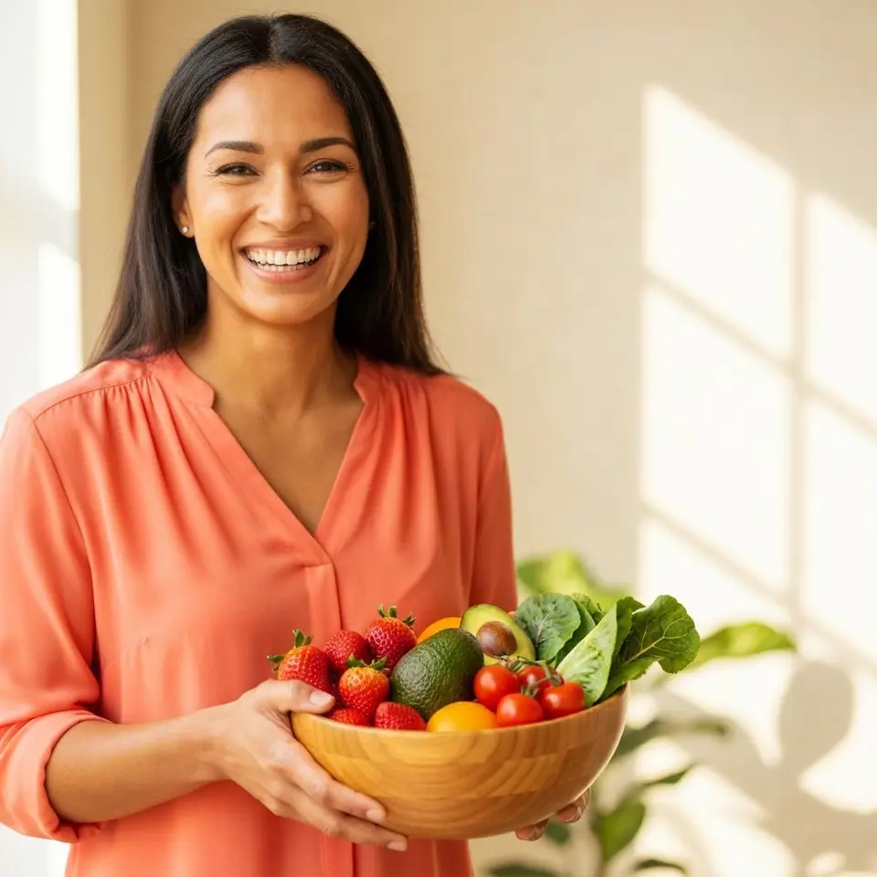 Biologa nutrizionista sorridente con una ciotola di frutta e verdura colorata